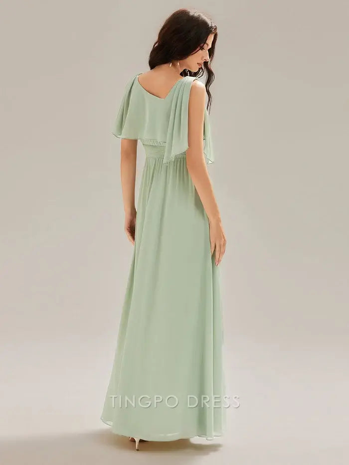 Elegant Square Neck Chiffon Maxi Dress with Side Slit and Draped Detail Prom Dress